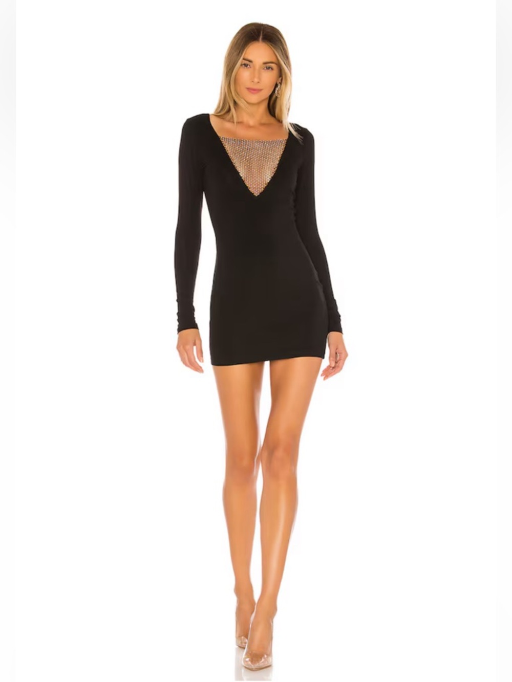 superdown Black Long Sleeve Mini Dress with Rhinestone Mesh V-Neck